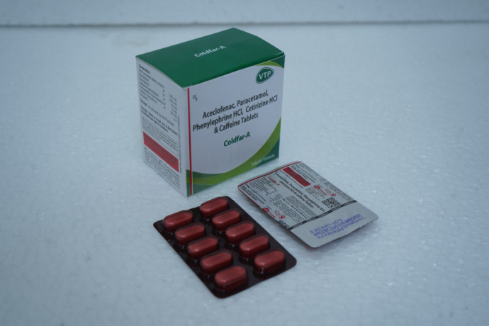 Aceclofenac 100mg + Paracetamol 325mg + Phenylepherine HCI 5mg + Caffeine 25mg + Cetirizine HCI 10mg Tablet 1