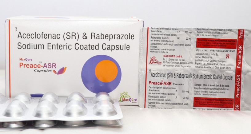 Aceclofenac IP 200 mg (SR) + Rabeprazole IP 20mg enteric coated capsules 1